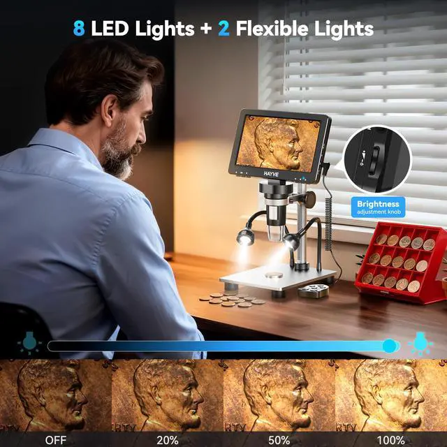 Alt view image 6 of 6 - 7'' IPS Digital Microscope 1200X DM9 Coin Microscope with Lights | 16MP Camera Sensor, 10 LED Light, Wired Remote, Compatible with Windows/Mac OS