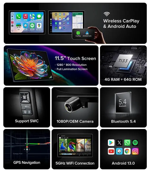 Alt view image 2 of 6 - 11.5'' Car Radio Stereo for Honda Civic 2013-2017 (Only US Version) | Wireless CarPlay & Android Auto,4GB RAM 64GB ROM,Android 13.0,5G WiFi,Bluetooth 5.4,FM/AM radio,HD Touch Screen,GPS/SWC