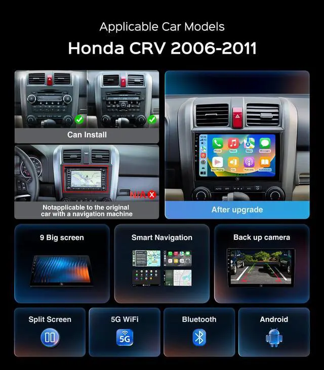 Alt view image 2 of 6 - 9 Inch Car Radio Stereo for Honda CR-V 2006-2011 Wireless CarPlay Android Auto 5G WiFi GPS Navigation Touch Screen Bluetooth FM RDS HD Backup Camera (2006-2011 CRV Radio) | CarPlay Android Auto 5G WiF