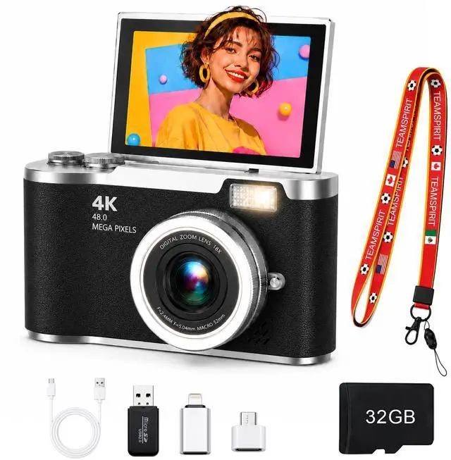Main image of 4K Digital Camera with Flip Screen, 4800W Point and Shoot Digital Cameras for Photography, 180° Rotating Selfie Camera with 32GB SD Card,Neck Lanyard,Fill Light for Teens Kids Travel(Black)