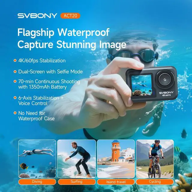 Alt view image 2 of 6 - ACT20 (2nd) 4K/60FPS Waterproof Underwater Camera 40FT Without Case | 6-Axis + AI Stabilization, Dual IPS Screen with Voice Control, 2 Battery for Snorkeling, Skiing