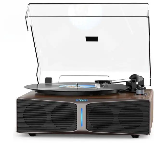 Main image of Vinyl Record Player with Built-in Speakers, Bluetooth 5.4 Input Turntable for Vinyl Records, Magnetic Cartridge, 33/45 RPM Belt Drive, RCA Out, Adjustable 3-Level Light Bar, Walnut Brown | Adjustable