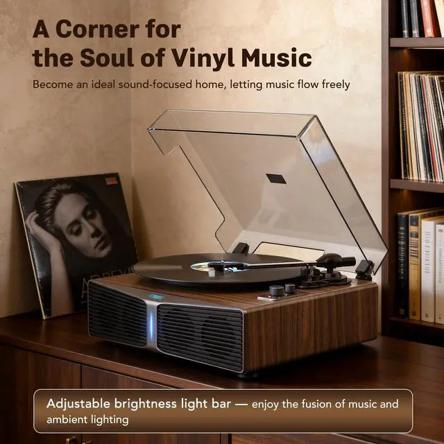 Alt view image 2 of 6 - Vinyl Record Player with Built-in Speakers, Bluetooth 5.4 Input Turntable for Vinyl Records, Magnetic Cartridge, 33/45 RPM Belt Drive, RCA Out, Adjustable 3-Level Light Bar, Walnut Brown | Adjustable