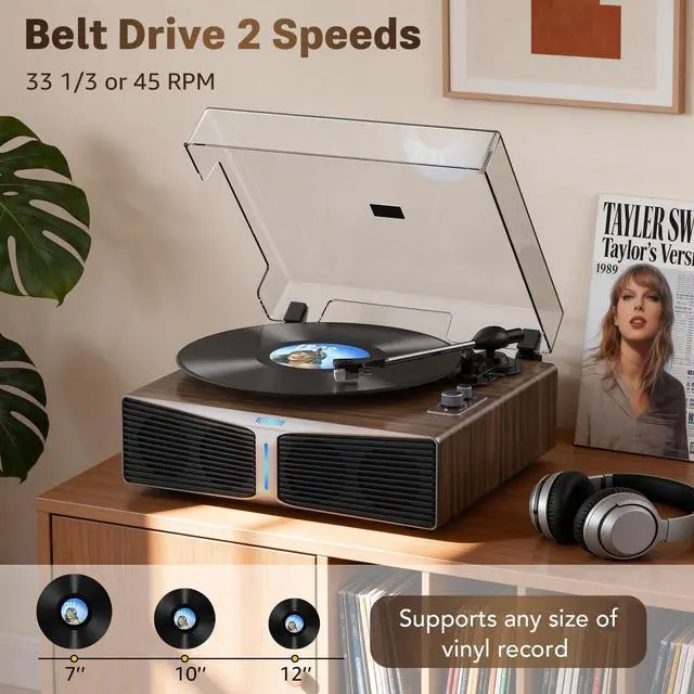 Alt view image 3 of 6 - Vinyl Record Player with Built-in Speakers, Bluetooth 5.4 Input Turntable for Vinyl Records, Magnetic Cartridge, 33/45 RPM Belt Drive, RCA Out, Adjustable 3-Level Light Bar, Walnut Brown | Adjustable