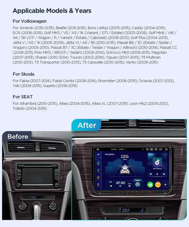Alt view image 2 of 6 - Car Stereo for VW Volkswagen EOS Golf, Android 14 Octa Core 6GB+128GB Car Radio, 9 QLED IPS Touch Screen GPS Navigation Bluetooth Head Unit Built-in DSP CarPlay Android Auto 4G LTE | 6+128GB, QLED IP
