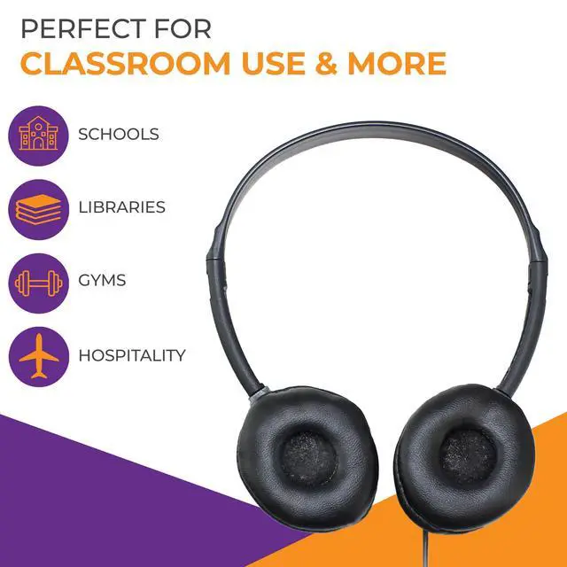 Alt view image 3 of 6 - SN313 Bulk Classroom Headphones 50 Pack Wired On-Ear Stereo Headphones for Students K-12, Leatherette Earpads, 3.5mm Jack, Compatible with Chromebook, Laptop, Computer School Pack