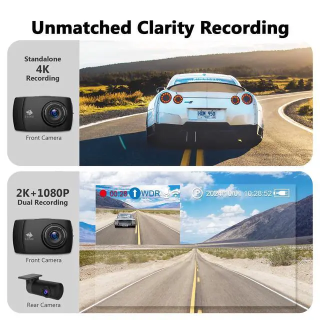 Alt view image 2 of 6 - Z-Edge T4 Dash Cam Front and Rear, 4K Dual Dash cam, 2K+1080P Front and Rear, Touch Screen WiFi Car Camera, WDR, Night Vision, G-Sensor, Loop Recording, 24 Hours Parking Mode, Support 512GB Max