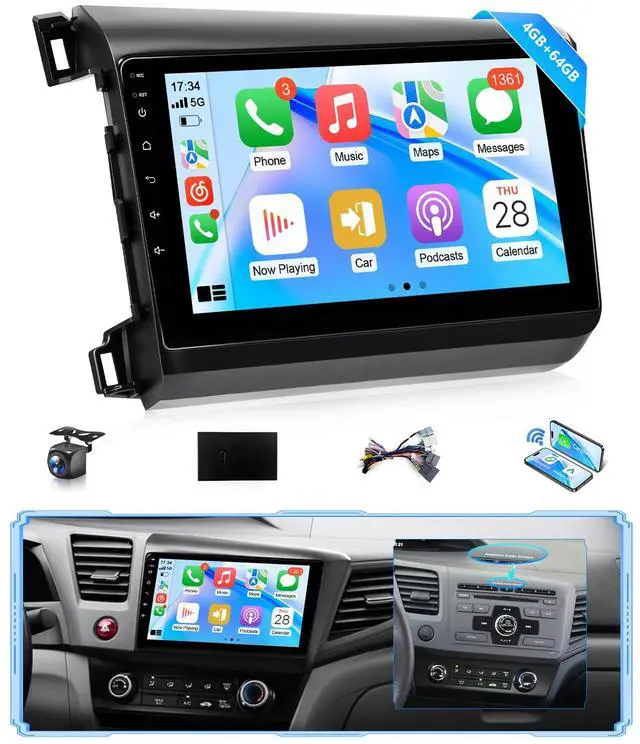 Main image of 8Core 4G + 64G Android Car Stereo for Honda Civic 2012 to 2015 Apple CarPlay Android Auto, 9IN IPS Touch Screen for Civic Car Play Unit with GPS Navi BT FM RDS DSP HiFi 5G WiFi SWC MIC Camere