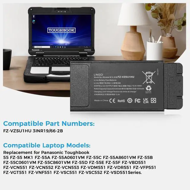 Alt view image 3 of 6 - FZ-55 Battery, FZ-VZSU1HU Battery Replacement for Panasonic Toughbook 55 FZ-55 Mk1 FZ-VZSU1 10.8V 68Wh 6300mAh Li-Polymer (Not Suitable for CF-54)