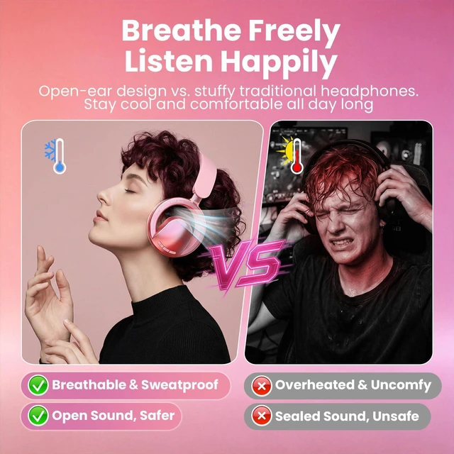 Alt view image 3 of 6 - Open Ear Open-Back Headphones Wireless Bluetooth Gaming Headset with Mic for PC Switch Xbox One PS4 PS5, 3.5mm Wired Breathable Lightweight Over Ear Headphones with Microphones Adjustable RGB Light