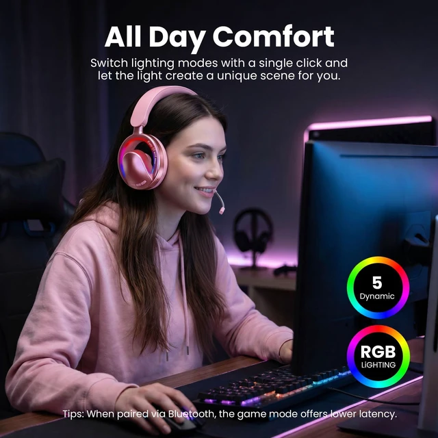 Alt view image 5 of 6 - Open Ear Open-Back Headphones Wireless Bluetooth Gaming Headset with Mic for PC Switch Xbox One PS4 PS5, 3.5mm Wired Breathable Lightweight Over Ear Headphones with Microphones Adjustable RGB Light