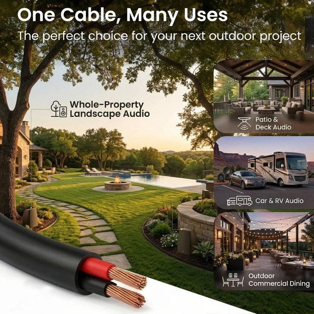 Alt view image 6 of 6 - Outdoor Speaker Wire CL3 Rated, 10 Gauge Speaker Wire, Speaker Cable 100 ft for Outdoor Speakers, Patio, Garden, Backyard Audio, Direct Burial in Ground/in Wall, OFC (Black, 2-Conductors)