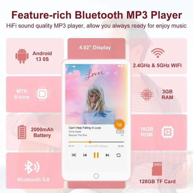 Alt view image 2 of 6 - 144GB MP3 Player with Bluetooth and WiFi, Android 13 MP3 MP4 Players with 4" Touchscreen and Speaker, MP3 Music Players with Spotify, Audible, Amazon Music, Play Store (Pink)