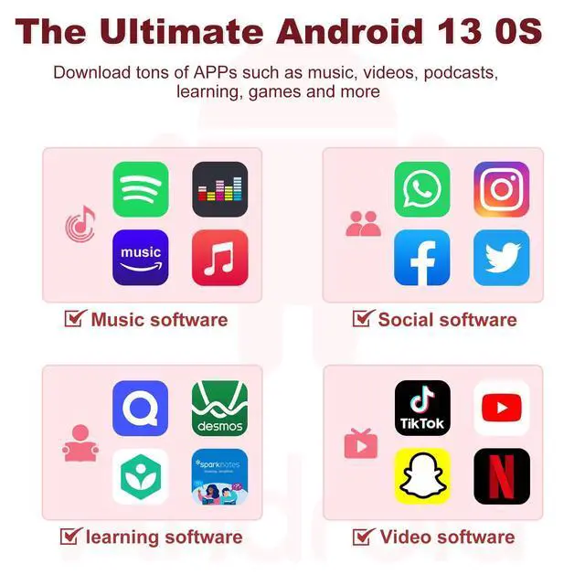 Alt view image 5 of 6 - 144GB MP3 Player with Bluetooth and WiFi, Android 13 MP3 MP4 Players with 4" Touchscreen and Speaker, MP3 Music Players with Spotify, Audible, Amazon Music, Play Store (Pink)