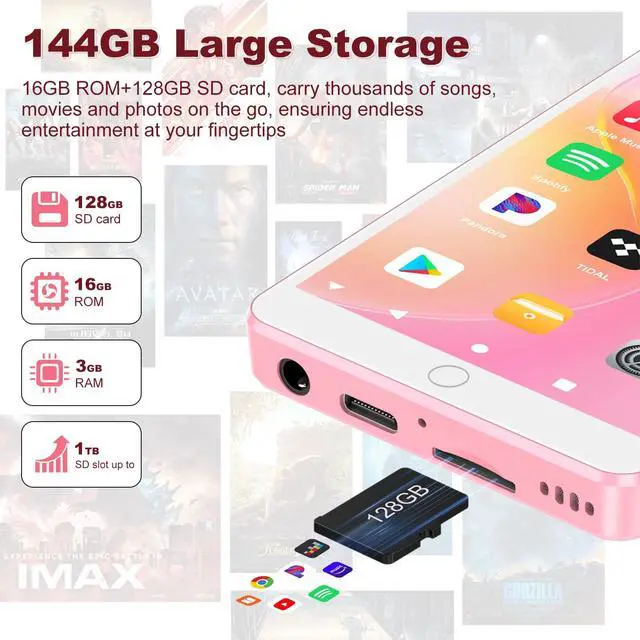 Alt view image 6 of 6 - 144GB MP3 Player with Bluetooth and WiFi, Android 13 MP3 MP4 Players with 4" Touchscreen and Speaker, MP3 Music Players with Spotify, Audible, Amazon Music, Play Store (Pink)