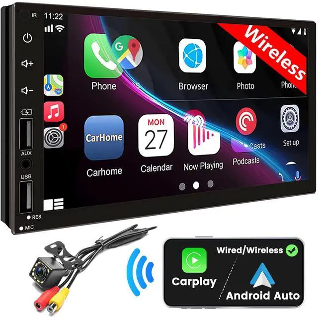 Main image of Wireless Carplay Double Din Car Stereo with Android Auto | 7inch Touch Screen Car Radio with Backup Camera, Car Audio Receiver, Bluetooth, Mirrorlink, FM, SWC, 2 USB/AUX/Subwoofer
