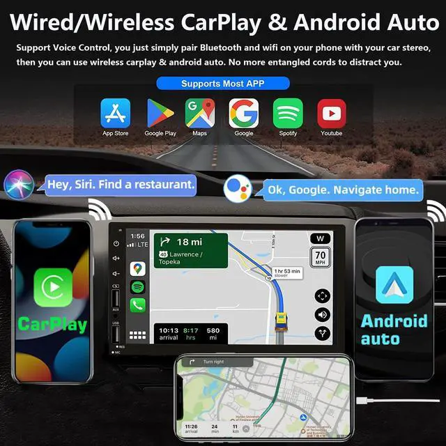 Alt view image 2 of 5 - Wireless Carplay Double Din Car Stereo with Android Auto | 7inch Touch Screen Car Radio with Backup Camera, Car Audio Receiver, Bluetooth, Mirrorlink, FM, SWC, 2 USB/AUX/Subwoofer