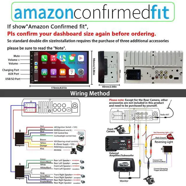 Alt view image 5 of 5 - Wireless Carplay Double Din Car Stereo with Android Auto | 7inch Touch Screen Car Radio with Backup Camera, Car Audio Receiver, Bluetooth, Mirrorlink, FM, SWC, 2 USB/AUX/Subwoofer