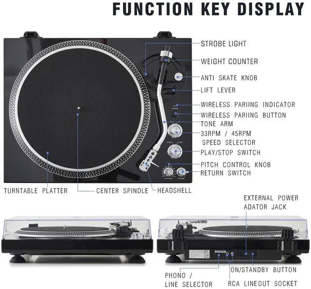 Alt view image 2 of 6 - Hi-Fi Belt-Drive Turntable with Premium Cartridge, Pitch Control ±10%, Auto-Return Tonearm, 2-Speed 33/45 RPM Vinyl Player, Glossy Black Finish