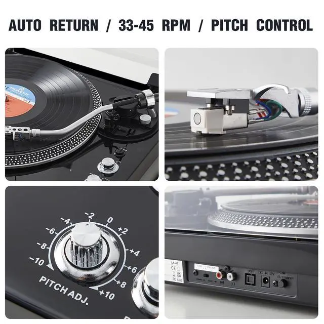 Alt view image 6 of 6 - Hi-Fi Belt-Drive Turntable with Premium Cartridge, Pitch Control ±10%, Auto-Return Tonearm, 2-Speed 33/45 RPM Vinyl Player, Glossy Black Finish