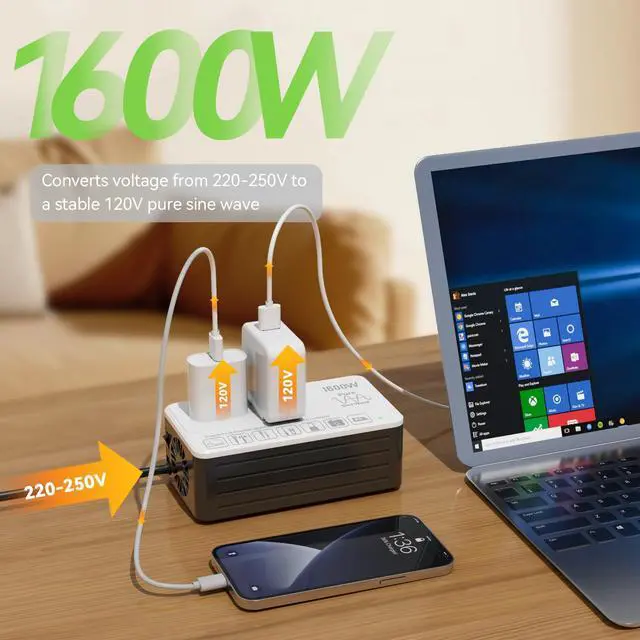 Alt view image 3 of 6 - 1600W 220V to 110V Converter, Power 110V Appliances in 220250V Countries | Pure Sine Wave Voltage Converter US to Europe International Travel, No Load-Type Restrictions - Plug & Play, Surge Protected