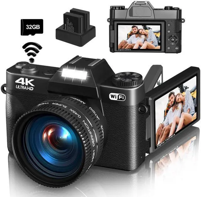 Main image of 4K Digital Camera for Photography & Vlogging, 56MP YouTube Camera with WiFi | Compact Travel Camera 3" 180° Flip Screen, 16X Digital Zoom, 52mm Wide Angle & Macro Lens, 32GB TF Card, 2 Batteries Bla