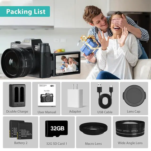 Alt view image 2 of 6 - 4K Digital Camera for Photography & Vlogging, 56MP YouTube Camera with WiFi | Compact Travel Camera 3" 180° Flip Screen, 16X Digital Zoom, 52mm Wide Angle & Macro Lens, 32GB TF Card, 2 Batteries Bla