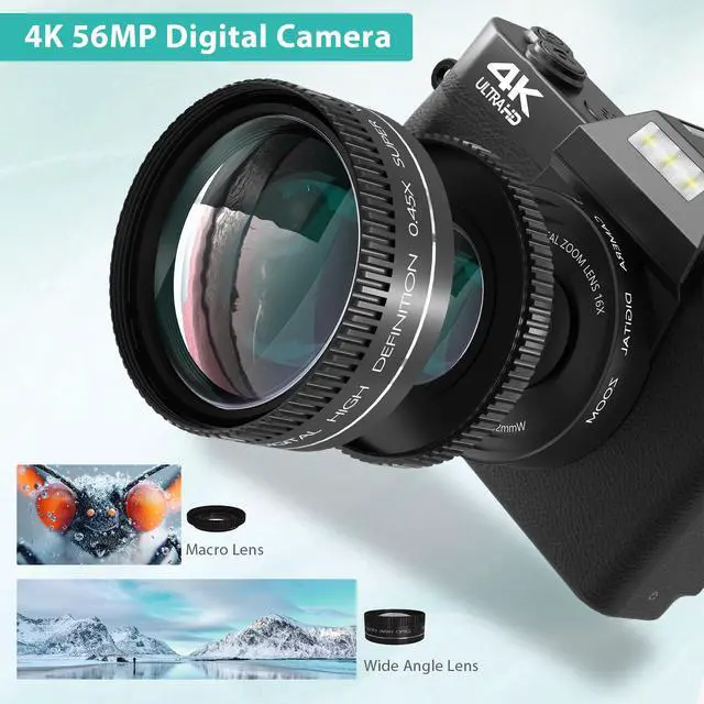 Alt view image 5 of 6 - 4K Digital Camera for Photography & Vlogging, 56MP YouTube Camera with WiFi | Compact Travel Camera 3" 180° Flip Screen, 16X Digital Zoom, 52mm Wide Angle & Macro Lens, 32GB TF Card, 2 Batteries Bla