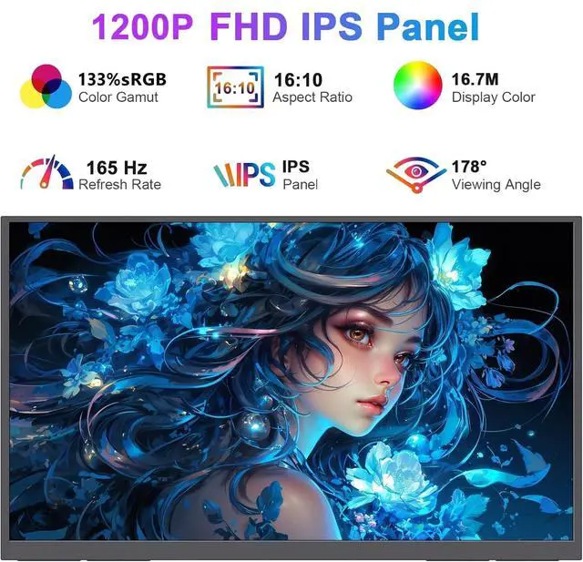 Alt view image 2 of 6 - Portable Monitor 16" 165Hz 1920x1200P 133% sRGB 16:10 FHD HDR Mini HDMI USBC Gaming Monitor Supports VRR with FreeSync, Speakers, VESA, External Second Screen for Laptop, PS,Mac, Xbox,Switch2