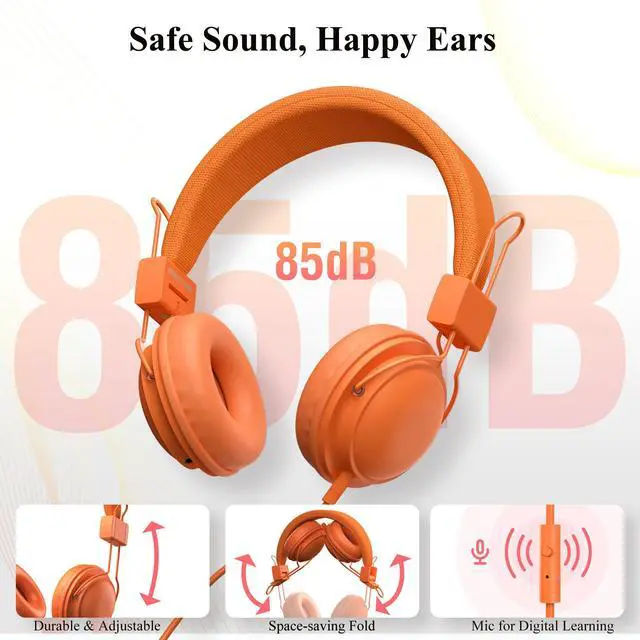 Alt view image 4 of 6 - 12-Pack Classroom Headphones for K-12 Schools, Bulk Wired 3.5mm Jack | 85dB Volume-Limited, Built-in Mic, Foldable Design, Tangle-Free Cable, Audio Sharing, Made for Students, Rainbow Colors