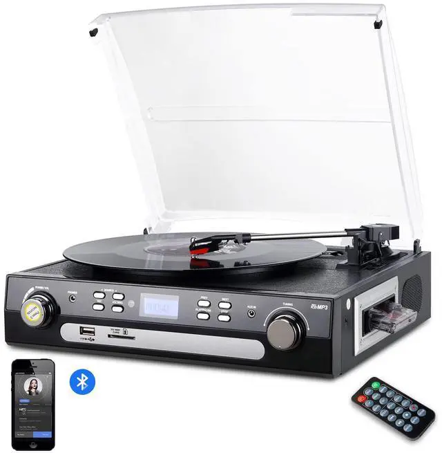 Main image of Bluetooth Record Player with Stereo Speakers, Turntable for Vinyl to MP3 with Cassette Play, AM/FM Radio, Remote Control, USB/SD Encoding, 3.5mm Music Output Jack(Black)