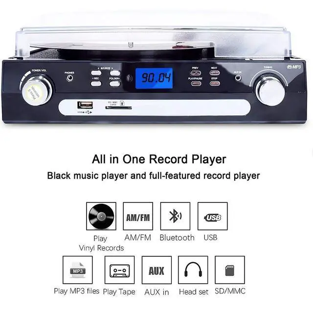 Alt view image 2 of 6 - Bluetooth Record Player with Stereo Speakers, Turntable for Vinyl to MP3 with Cassette Play, AM/FM Radio, Remote Control, USB/SD Encoding, 3.5mm Music Output Jack(Black)