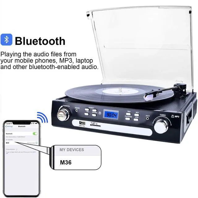 Alt view image 3 of 6 - Bluetooth Record Player with Stereo Speakers, Turntable for Vinyl to MP3 with Cassette Play, AM/FM Radio, Remote Control, USB/SD Encoding, 3.5mm Music Output Jack(Black)