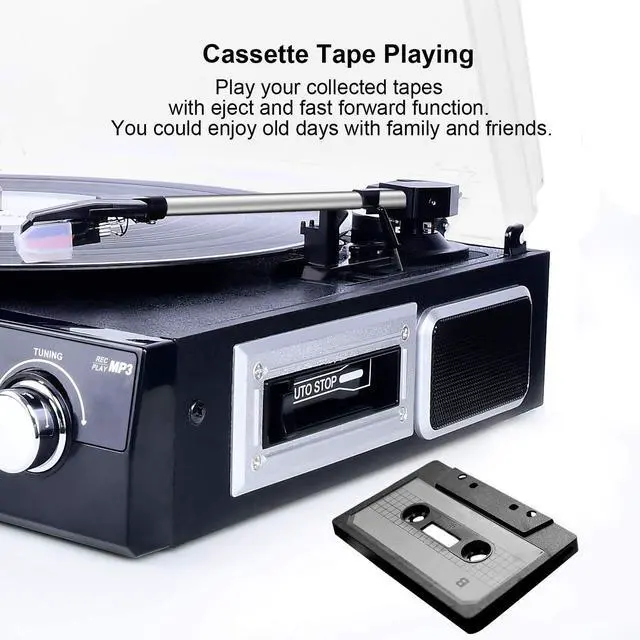 Alt view image 4 of 6 - Bluetooth Record Player with Stereo Speakers, Turntable for Vinyl to MP3 with Cassette Play, AM/FM Radio, Remote Control, USB/SD Encoding, 3.5mm Music Output Jack(Black)