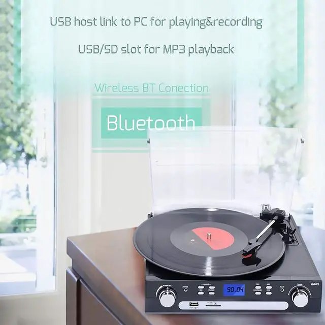 Alt view image 6 of 6 - Bluetooth Record Player with Stereo Speakers, Turntable for Vinyl to MP3 with Cassette Play, AM/FM Radio, Remote Control, USB/SD Encoding, 3.5mm Music Output Jack(Black)