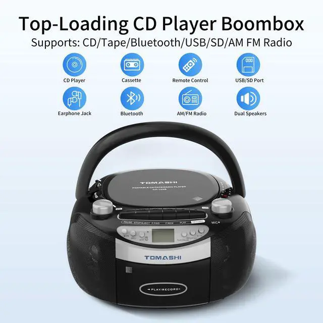 Alt view image 2 of 6 - Bluetooth CD Player & Boombox with Cassette Tape Player, CD and Cassette Player Combo, AM/FM Radio, Tape Recording, USB/SD Playback, Remote Control, AC/DC Power