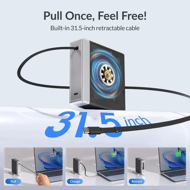 Alt view image 2 of 6 - 140W Retractable USB C Laptop Charger Block, 2-Port Computer Charger with Built-in 31.5in Cable, Fast GaN Charger for MacBook, iPad, iPhone 17/16 Series and Home Office Desk, Black