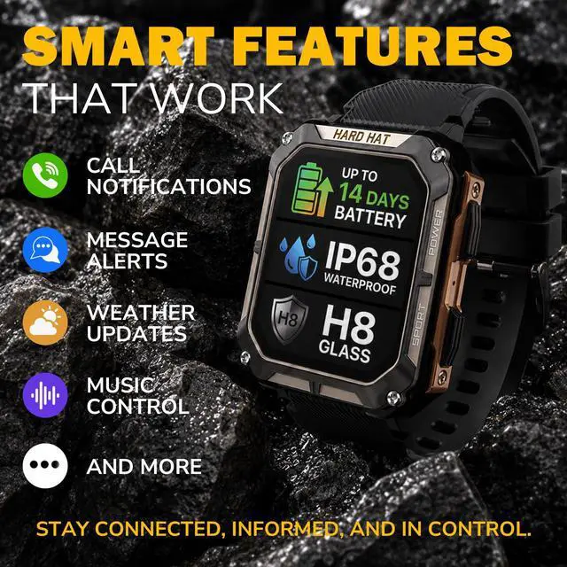 Alt view image 6 of 6 - Rugged Smart Watch for Men, Original Smartwatch, Waterproof Smart Watch for Construction Work Men, with Fitness Trackers, Heart Rate Monitor, IP68, Pedometer, Workout Modes & More