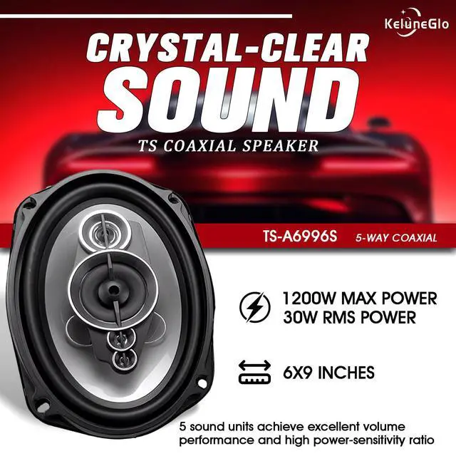 Alt view image 2 of 6 - KG 6x9 Coaxial Car Speakers, 5-Way 1200W, 6996S Series (Pair) | 1200W & 4, 5-way full-range sound. Polypropylene cones, butyl rubber surrounds, protective grilles