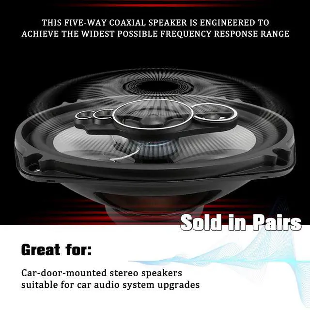 Alt view image 4 of 6 - KG 6x9 Coaxial Car Speakers, 5-Way 1200W, 6996S Series (Pair) | 1200W & 4, 5-way full-range sound. Polypropylene cones, butyl rubber surrounds, protective grilles