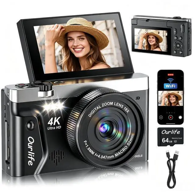 Main image of 4K 75MP Digital Camera for Photography,Camera with FILP Screen | 2026 Upgraded WiFi Vlogging Camera for YouTube,18X Zoom Fill Light Compact Vlog Camera for Beginner Teens(64GB Card)