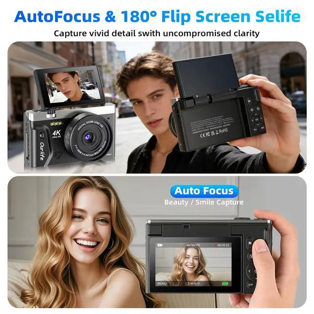 Alt view image 4 of 6 - 4K 75MP Digital Camera for Photography,Camera with FILP Screen | 2026 Upgraded WiFi Vlogging Camera for YouTube,18X Zoom Fill Light Compact Vlog Camera for Beginner Teens(64GB Card)