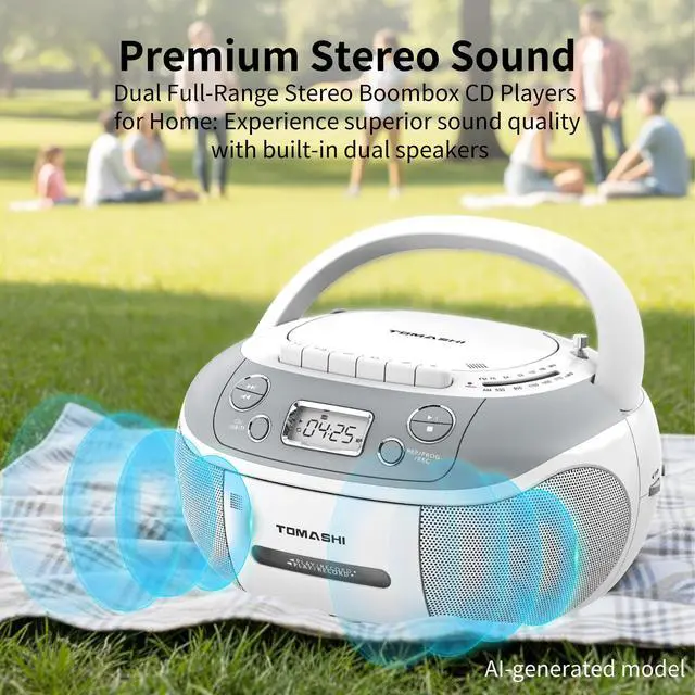 Alt view image 4 of 6 - Portable CD Player Boombox with Cassette Player - AM FM Radio,Tape/CD Recording, USB/SD Inputs,Retro Stereo Sound,Dual AC/DC Power,Remote & Backlit LCD - for Home, Camping,Gifts (CD-860A)