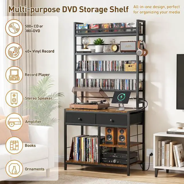 Alt view image 2 of 6 - Tall CD Rack with Power Outlet & Drawers, 8-Tier DVD Storage Shelf | Media Storage Cabinet for CDs/DVDs, Vinyl Records, Books Games, Ideal for Living Room Home Office, 31.5x15.7x70.6 in, Brown