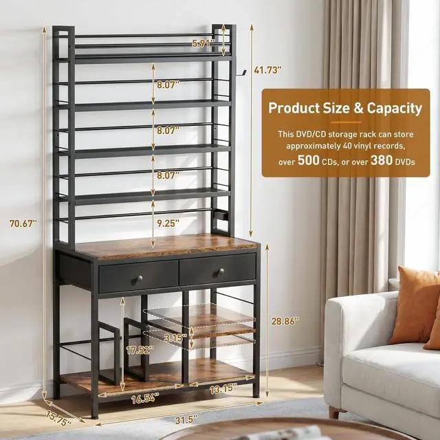 Alt view image 3 of 6 - Tall CD Rack with Power Outlet & Drawers, 8-Tier DVD Storage Shelf | Media Storage Cabinet for CDs/DVDs, Vinyl Records, Books Games, Ideal for Living Room Home Office, 31.5x15.7x70.6 in, Brown