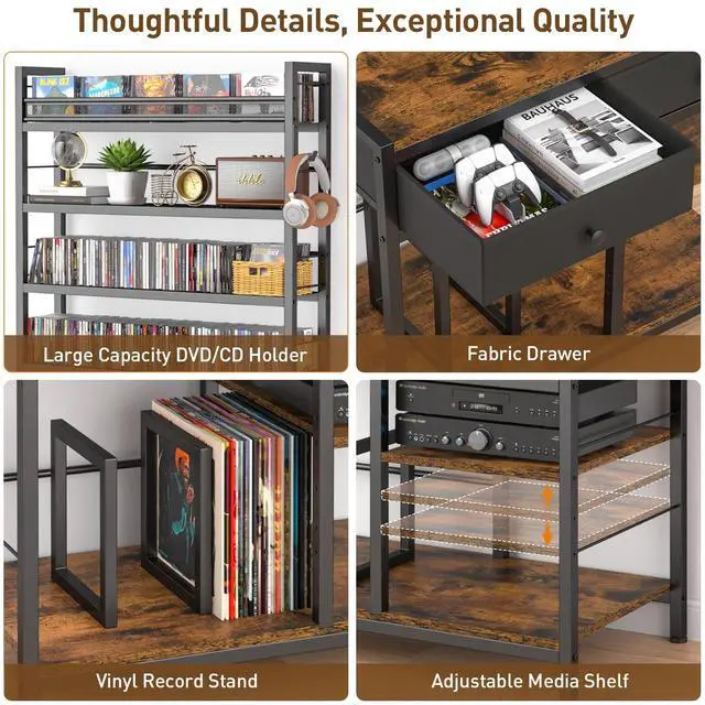 Alt view image 5 of 6 - Tall CD Rack with Power Outlet & Drawers, 8-Tier DVD Storage Shelf | Media Storage Cabinet for CDs/DVDs, Vinyl Records, Books Games, Ideal for Living Room Home Office, 31.5x15.7x70.6 in, Brown