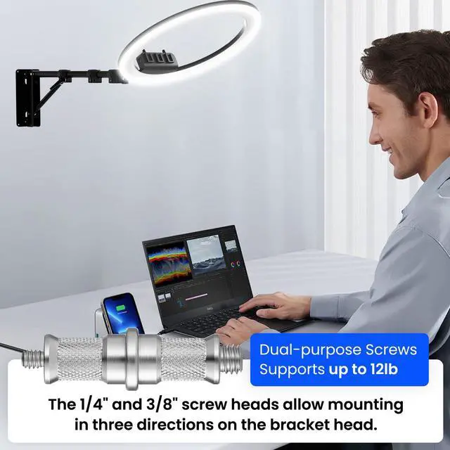 Alt view image 5 of 6 - Ring Light Wall Mount with 3 Phone Holder 19", 45.7" Adjustable Boom Arm | 180° Rotatable Space-Saving Wall Mount Lighting Design for Photography, Makeup, Tattoo, Beauty Salon, Barber Studio