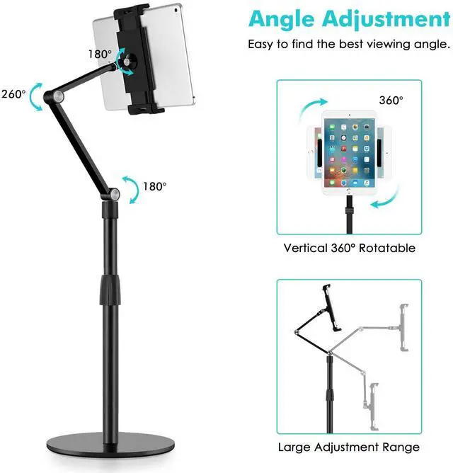 Alt view image 3 of 6 - Tablet Phone Overhead Stand, Height & 360 Degree Angle Adjustable, Aluminum Desktop Stand, Compatible with 3.5-11" Cellphone or Tablet Such as iPhone iPad Pro Air Mini, Samsung, Nexus(AP-4P-B)