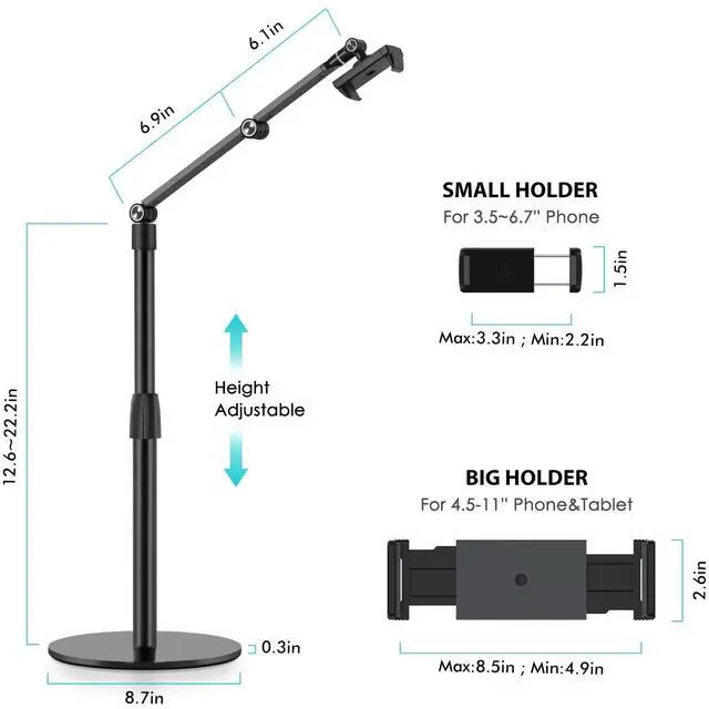 Alt view image 4 of 6 - Tablet Phone Overhead Stand, Height & 360 Degree Angle Adjustable, Aluminum Desktop Stand, Compatible with 3.5-11" Cellphone or Tablet Such as iPhone iPad Pro Air Mini, Samsung, Nexus(AP-4P-B)