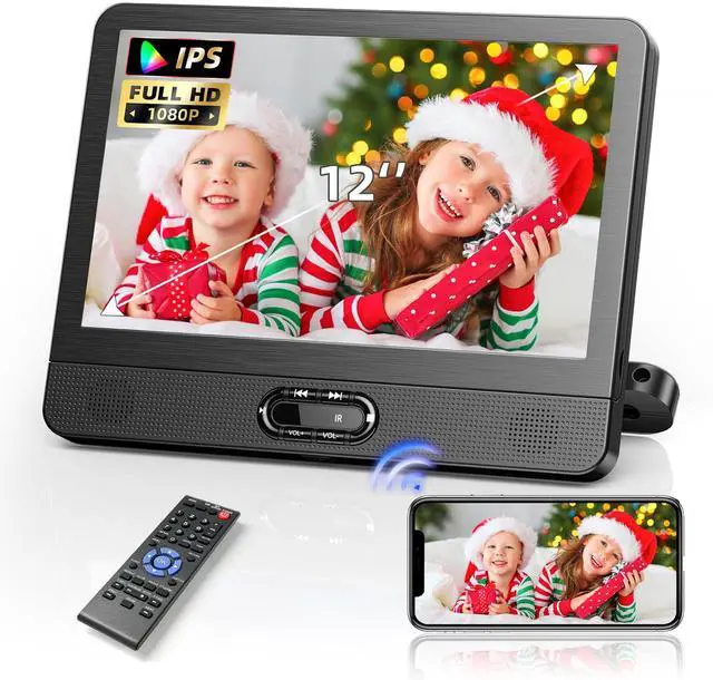 Main image of 12" HD IPS Display Portable DVD Player, Wireless Screen Mirroring | Car DVD Player with HDMI Input and AV Output, Dual Power with Car Charger, AC Adapter, Supports CD/DVD/USB